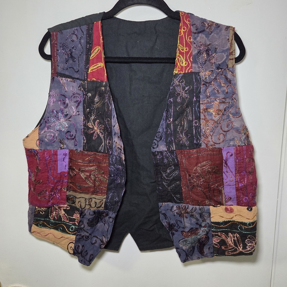 Vintage Boho Patchwork Vest Womens Open Front Embroidered Festival Hippie Medium